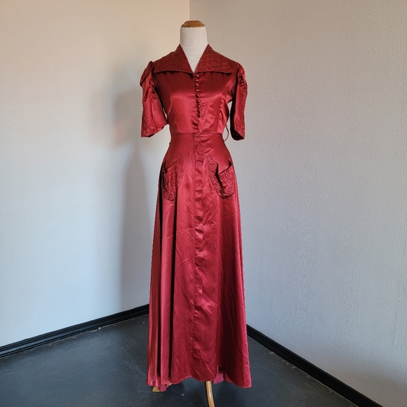 Vintage Dresses & Skirts - Vintage Red Wine Satin Cottagecore Maxi Dress
